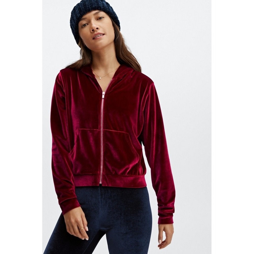 Fabletics Velvet Zip Up Hoodie Red‎ Gold Hardware Lounge Athleisure Womens XS